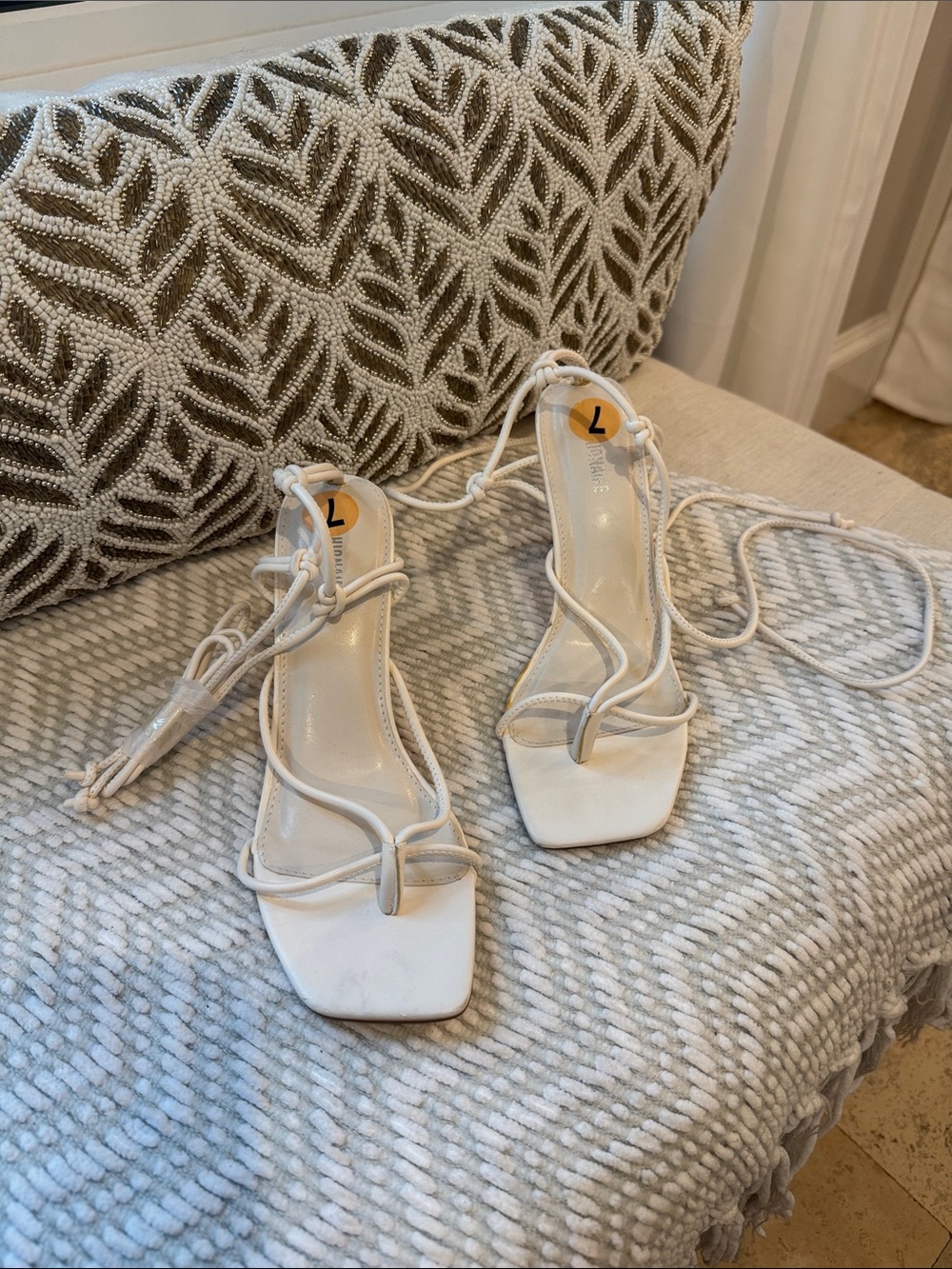 Women's White Lace-Up Square-Toe Heeled Sandals